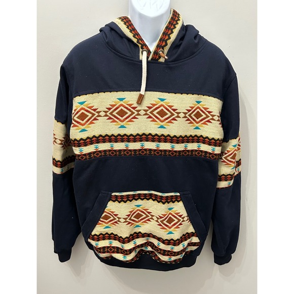 AMAWA Other - AMAWA Southwestern Hoodie Aztec Wool Blend Navy Blue Ecuador Pullover Men's 2XL